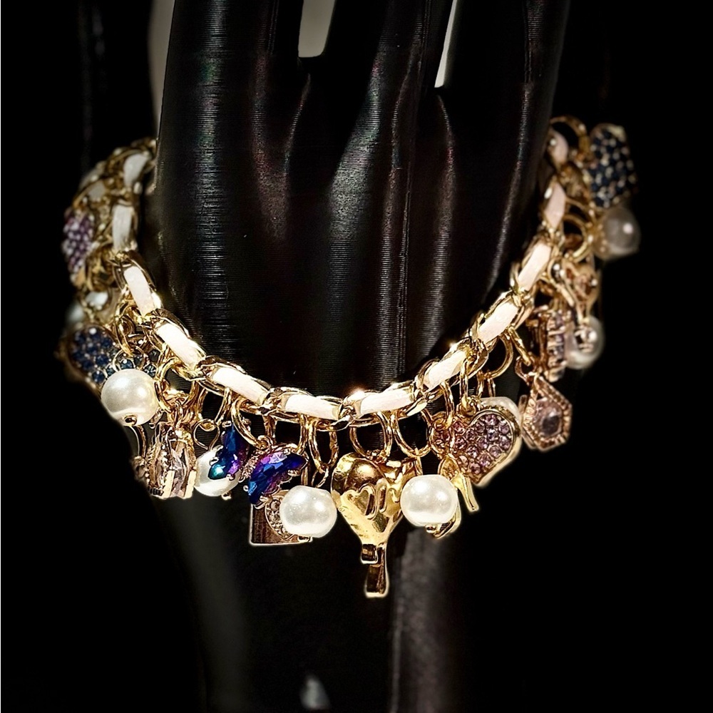 Gold Charm Bracelet with Pearls and Charms